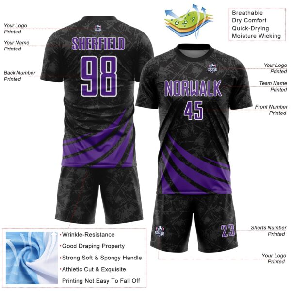 Custom Black Purple-White Distressed Diagonal Stripes Wind Shapes Sports Sublimation Soccer Uniform Jersey