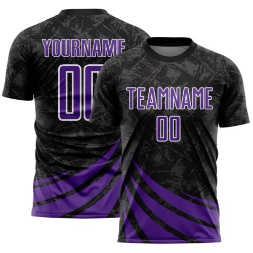 Custom Black Purple-White Distressed Diagonal Stripes Wind Shapes Sports Sublimation Soccer Uniform Jersey
