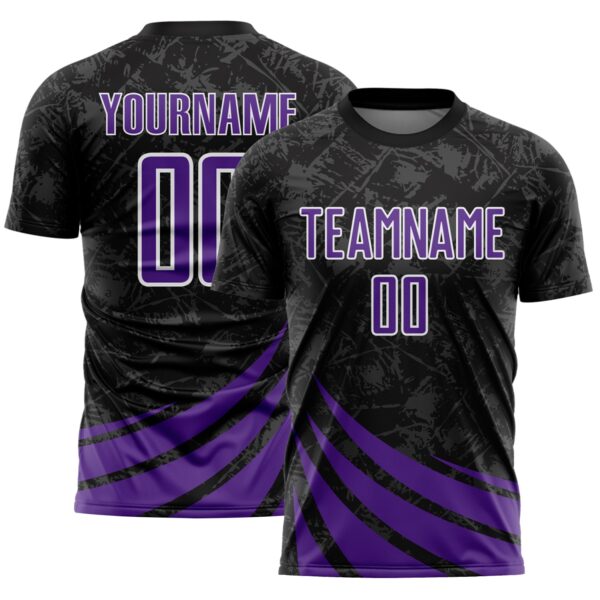 Custom Black Purple-White Distressed Diagonal Stripes Wind Shapes Sports Sublimation Soccer Uniform Jersey