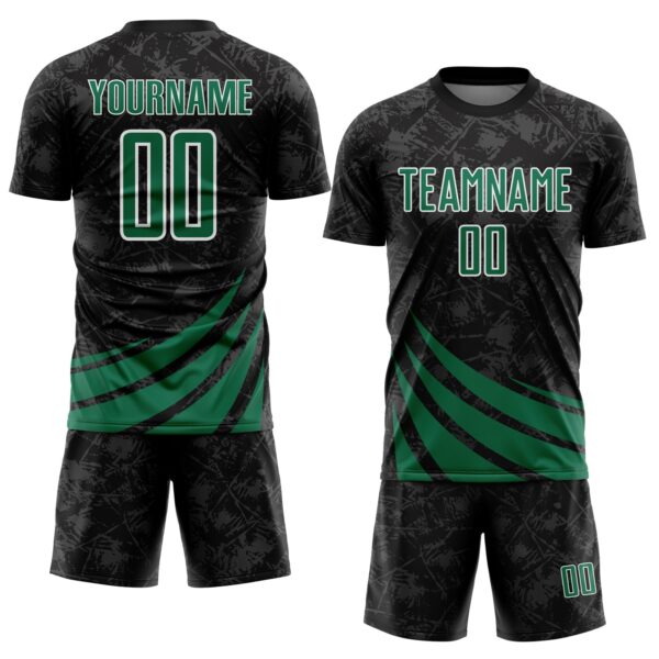 Custom Black Kelly Green-White Distressed Diagonal Stripes Wind Shapes Sports Sublimation Soccer Uniform Jersey