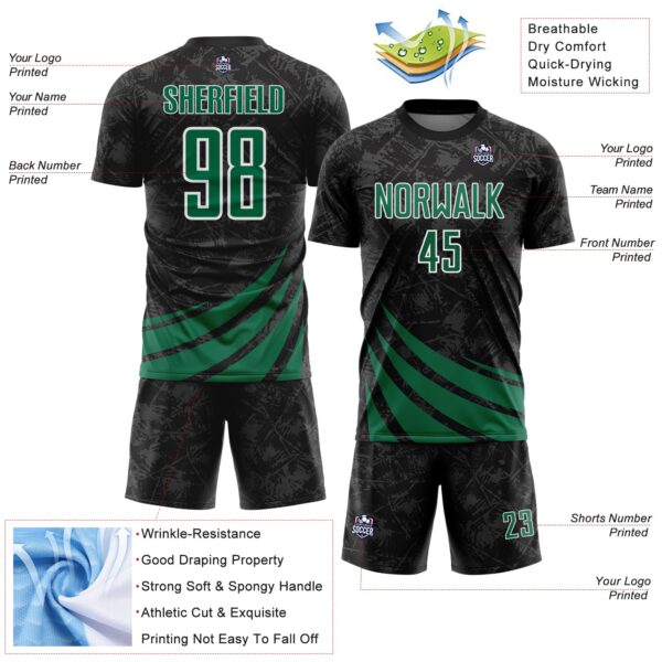 Custom Black Kelly Green-White Distressed Diagonal Stripes Wind Shapes Sports Sublimation Soccer Uniform Jersey