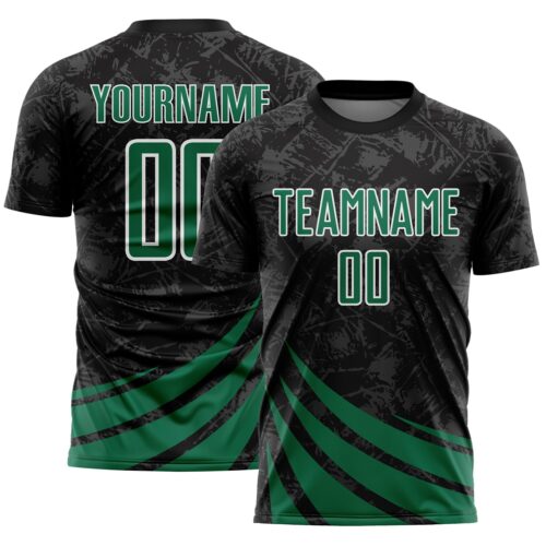 Custom Black Kelly Green-White Distressed Diagonal Stripes Wind Shapes Sports Sublimation Soccer Uniform Jersey