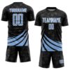 Custom Black Light Blue-White Distressed Diagonal Stripes Wind Shapes Sports Sublimation Soccer Uniform Jersey