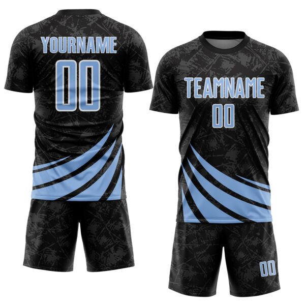 Custom Black Light Blue-White Distressed Diagonal Stripes Wind Shapes Sports Sublimation Soccer Uniform Jersey