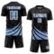 Custom Black Light Blue-White Distressed Diagonal Stripes Wind Shapes Sports Sublimation Soccer Uniform Jersey
