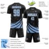 Custom Black Light Blue-White Distressed Diagonal Stripes Wind Shapes Sports Sublimation Soccer Uniform Jersey
