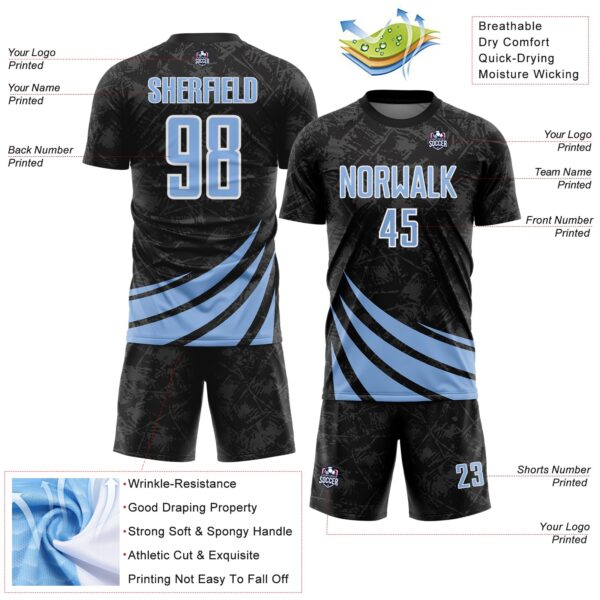 Custom Black Light Blue-White Distressed Diagonal Stripes Wind Shapes Sports Sublimation Soccer Uniform Jersey