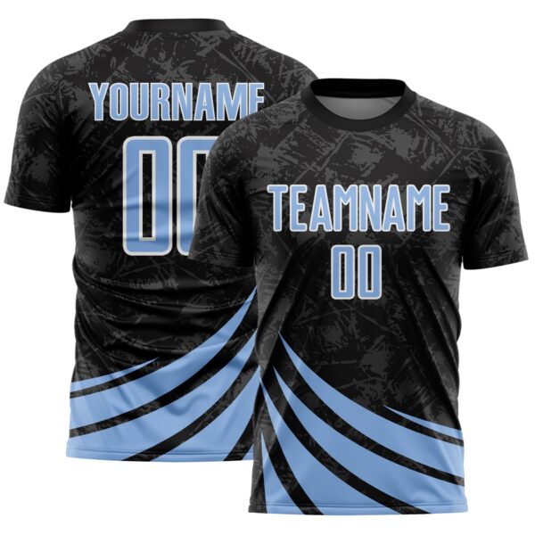 Custom Black Light Blue-White Distressed Diagonal Stripes Wind Shapes Sports Sublimation Soccer Uniform Jersey