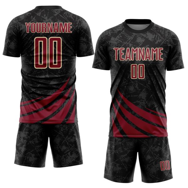 Custom Black Crimson-Cream Distressed Diagonal Stripes Wind Shapes Sports Sublimation Soccer Uniform Jersey
