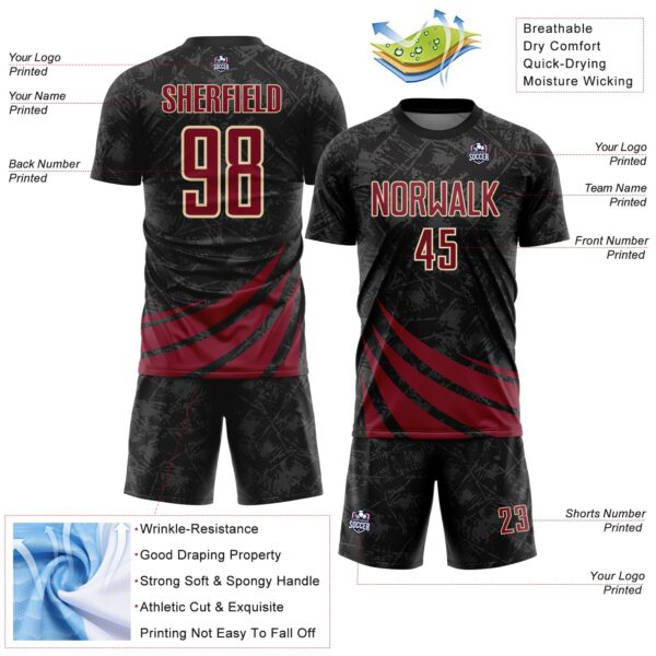 Custom Black Crimson-Cream Distressed Diagonal Stripes Wind Shapes Sports Sublimation Soccer Uniform Jersey