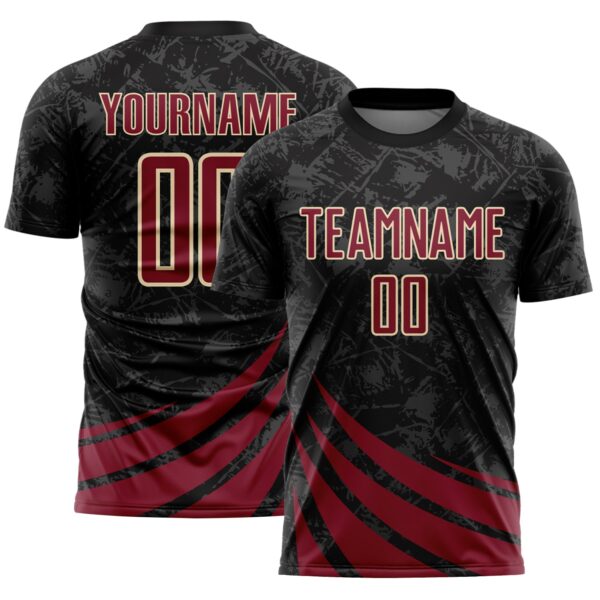Custom Black Crimson-Cream Distressed Diagonal Stripes Wind Shapes Sports Sublimation Soccer Uniform Jersey