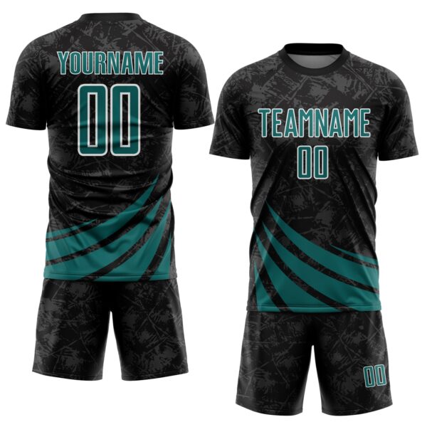 Custom Black Teal-White Distressed Diagonal Stripes Wind Shapes Sports Sublimation Soccer Uniform Jersey