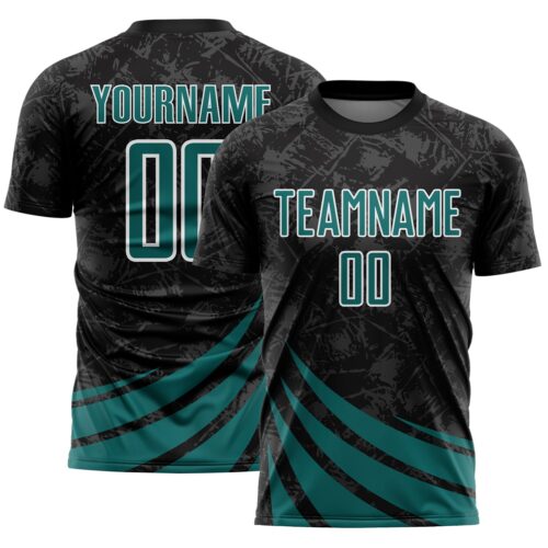 Custom Black Teal-White Distressed Diagonal Stripes Wind Shapes Sports Sublimation Soccer Uniform Jersey