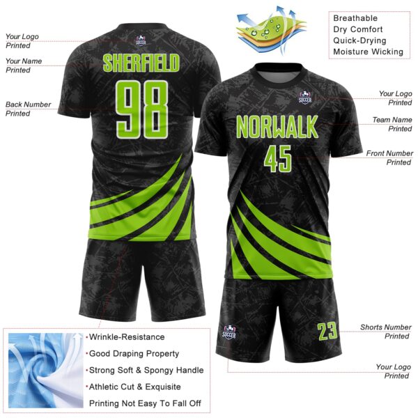 Custom Black Neon Green-White Distressed Diagonal Stripes Wind Shapes Sports Sublimation Soccer Uniform Jersey