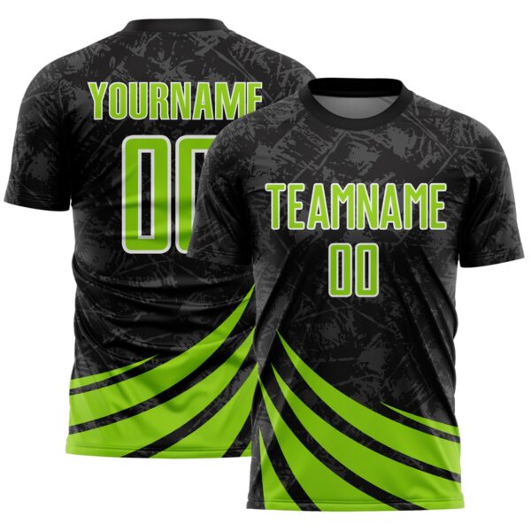 Custom Black Neon Green-White Distressed Diagonal Stripes Wind Shapes Sports Sublimation Soccer Uniform Jersey