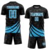 Custom Black Sky Blue-White Distressed Diagonal Stripes Wind Shapes Sports Sublimation Soccer Uniform Jersey