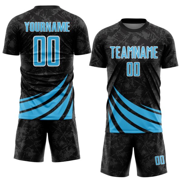 Custom Black Sky Blue-White Distressed Diagonal Stripes Wind Shapes Sports Sublimation Soccer Uniform Jersey