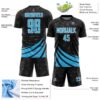 Custom Black Sky Blue-White Distressed Diagonal Stripes Wind Shapes Sports Sublimation Soccer Uniform Jersey