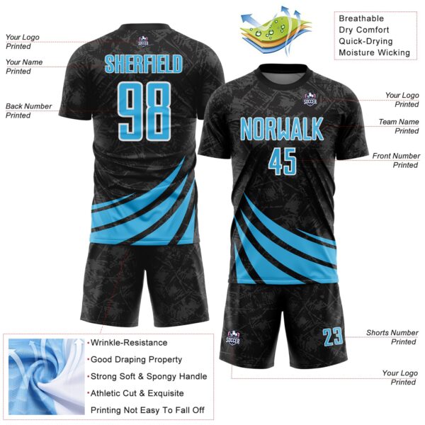 Custom Black Sky Blue-White Distressed Diagonal Stripes Wind Shapes Sports Sublimation Soccer Uniform Jersey