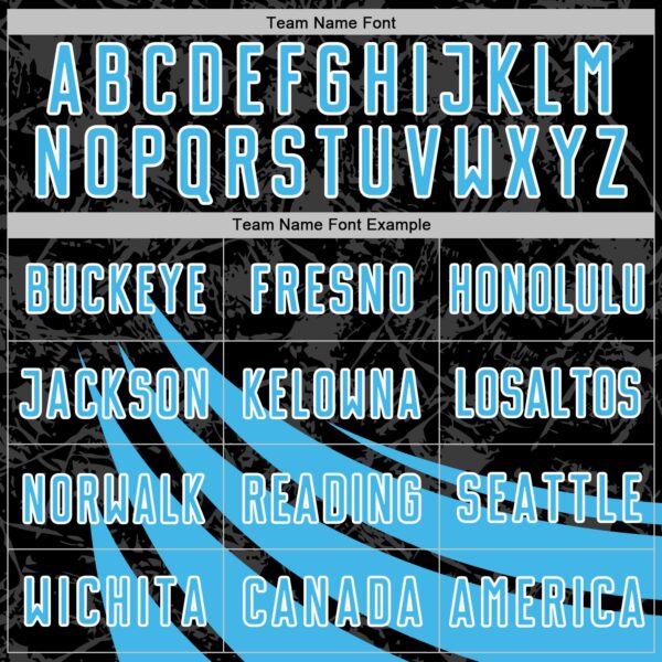 Custom Black Sky Blue-White Distressed Diagonal Stripes Wind Shapes Sports Sublimation Soccer Uniform Jersey