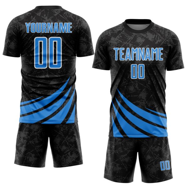 Custom Black Powder Blue-White Distressed Diagonal Stripes Wind Shapes Sports Sublimation Soccer Uniform Jersey