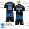 Custom Black Powder Blue-White Distressed Diagonal Stripes Wind Shapes Sports Sublimation Soccer Uniform Jersey