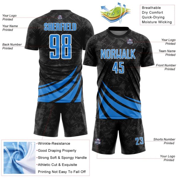 Custom Black Powder Blue-White Distressed Diagonal Stripes Wind Shapes Sports Sublimation Soccer Uniform Jersey