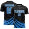 Custom Black Powder Blue-White Distressed Diagonal Stripes Wind Shapes Sports Sublimation Soccer Uniform Jersey
