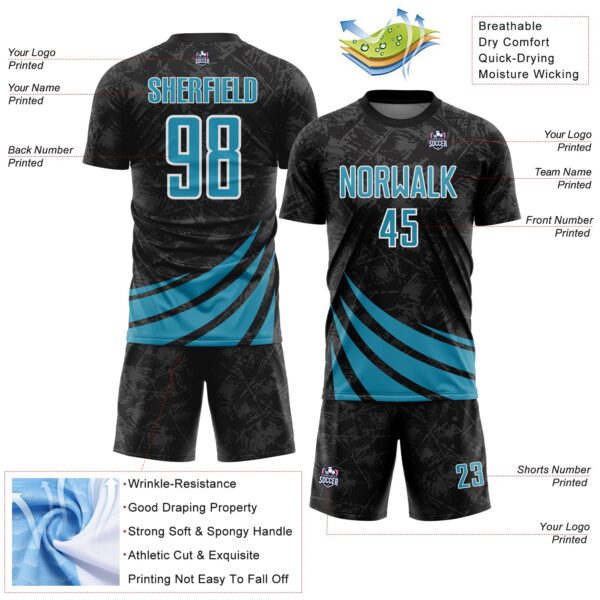Custom Black Panther Blue-White Distressed Diagonal Stripes Wind Shapes Sports Sublimation Soccer Uniform Jersey