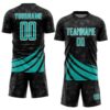 Custom Black Aqua-White Distressed Diagonal Stripes Wind Shapes Sports Sublimation Soccer Uniform Jersey