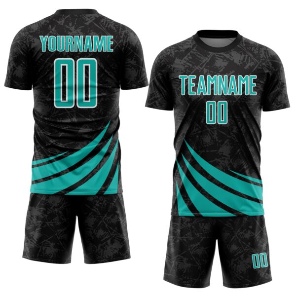 Custom Black Aqua-White Distressed Diagonal Stripes Wind Shapes Sports Sublimation Soccer Uniform Jersey