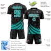 Custom Black Aqua-White Distressed Diagonal Stripes Wind Shapes Sports Sublimation Soccer Uniform Jersey