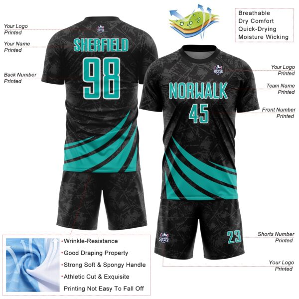 Custom Black Aqua-White Distressed Diagonal Stripes Wind Shapes Sports Sublimation Soccer Uniform Jersey