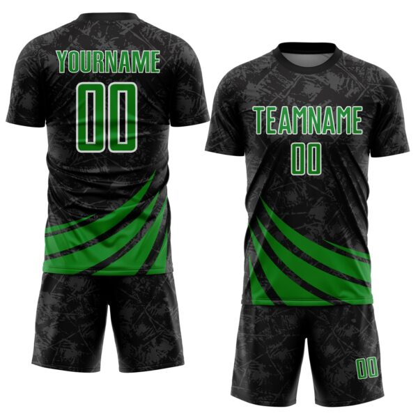 Custom Black Grass Green-White Distressed Diagonal Stripes Wind Shapes Sports Sublimation Soccer Uniform Jersey
