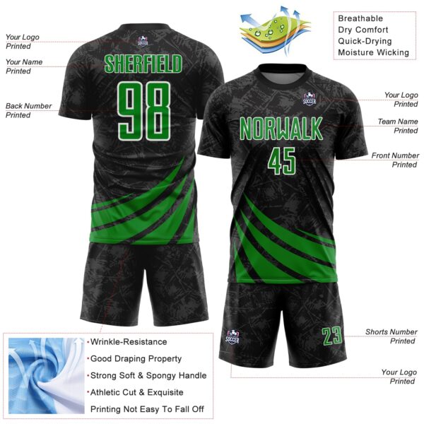 Custom Black Grass Green-White Distressed Diagonal Stripes Wind Shapes Sports Sublimation Soccer Uniform Jersey