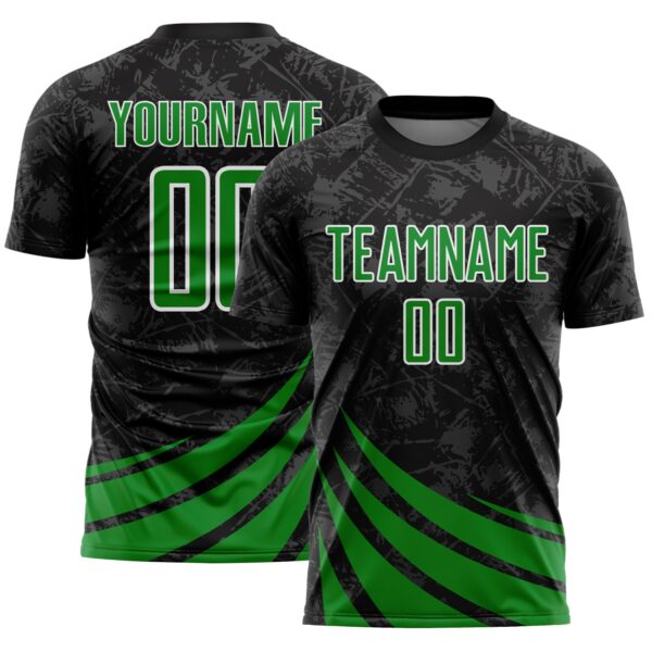 Custom Black Grass Green-White Distressed Diagonal Stripes Wind Shapes Sports Sublimation Soccer Uniform Jersey