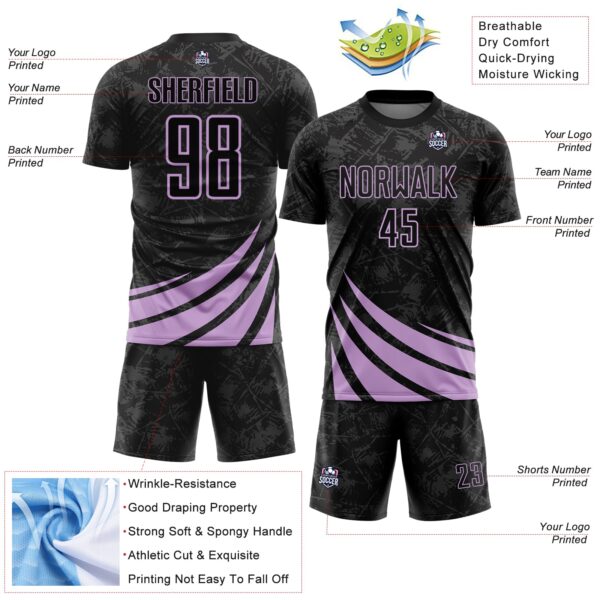 Custom Black Light Purple Distressed Diagonal Stripes Wind Shapes Sports Sublimation Soccer Uniform Jersey
