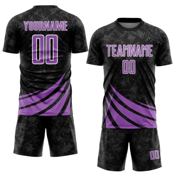 Custom Black Medium Purple-White Distressed Diagonal Stripes Wind Shapes Sports Sublimation Soccer Uniform Jersey