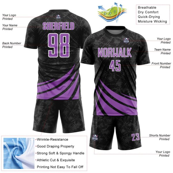 Custom Black Medium Purple-White Distressed Diagonal Stripes Wind Shapes Sports Sublimation Soccer Uniform Jersey