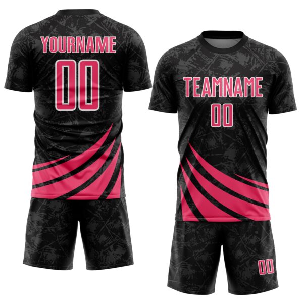 Custom Black Neon Pink-White Distressed Diagonal Stripes Wind Shapes Sports Sublimation Soccer Uniform Jersey