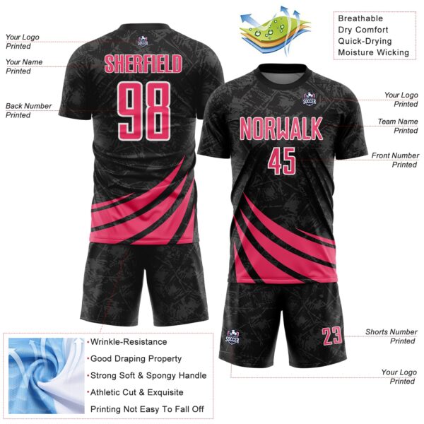 Custom Black Neon Pink-White Distressed Diagonal Stripes Wind Shapes Sports Sublimation Soccer Uniform Jersey