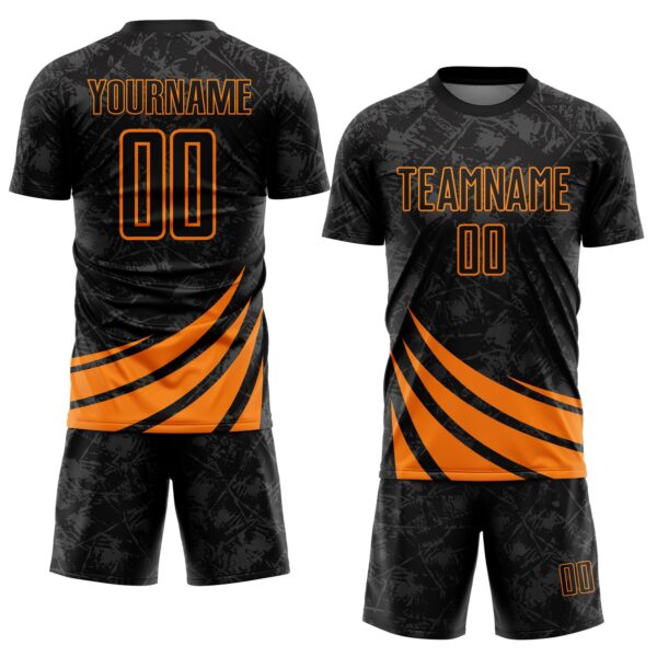 Custom Black Bay Orange Distressed Diagonal Stripes Wind Shapes Sports Sublimation Soccer Uniform Jersey