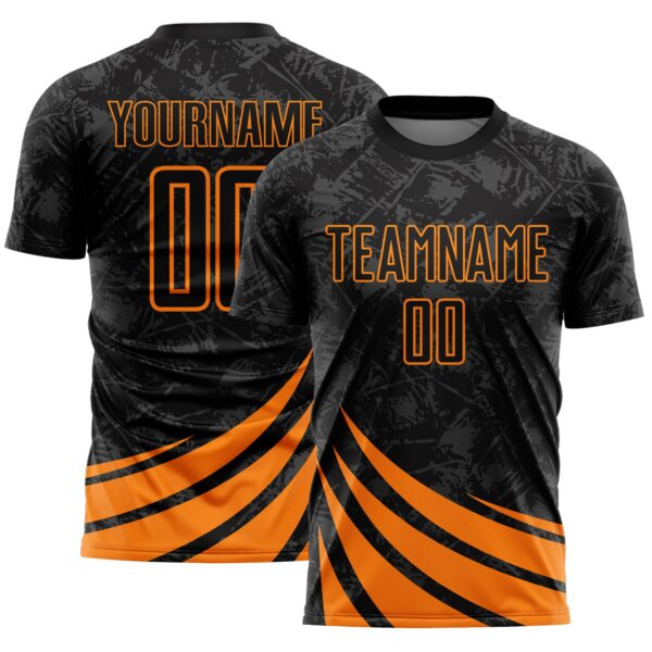Custom Black Bay Orange Distressed Diagonal Stripes Wind Shapes Sports Sublimation Soccer Uniform Jersey
