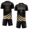 Custom Black Vegas Gold Distressed Diagonal Stripes Wind Shapes Sports Sublimation Soccer Uniform Jersey