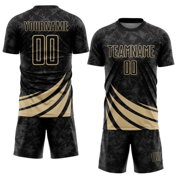 Custom Black Vegas Gold Distressed Diagonal Stripes Wind Shapes Sports Sublimation Soccer Uniform Jersey