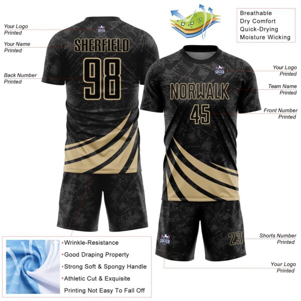 Custom Black Vegas Gold Distressed Diagonal Stripes Wind Shapes Sports Sublimation Soccer Uniform Jersey