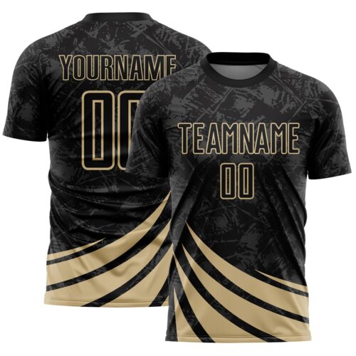 Soccer6981 Custom Black Vegas Gold Distressed Diagonal Stripes Wind Shapes Sports Sublimation Soccer Uniform Jersey