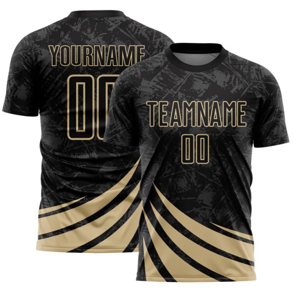 Custom Black Vegas Gold Distressed Diagonal Stripes Wind Shapes Sports Sublimation Soccer Uniform Jersey