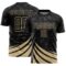 Custom Black Vegas Gold Distressed Diagonal Stripes Wind Shapes Sports Sublimation Soccer Uniform Jersey