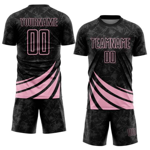 Custom Black Light Pink Distressed Diagonal Stripes Wind Shapes Sports Sublimation Soccer Uniform Jersey